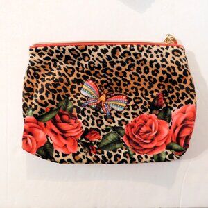 Estee Lauder Animal Print Cosmetic Makeup Bag Floral Zipper Faux Fur Lined